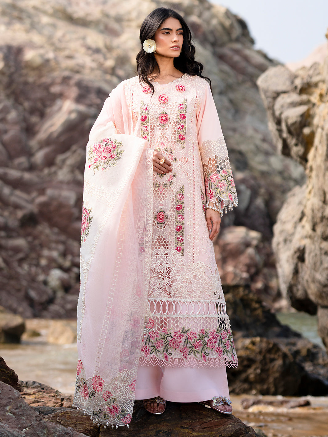 MAHNUR-UNSTITCHED 3PC LAWN LASER WORK EMBROIDERED SUIT-PK-4762