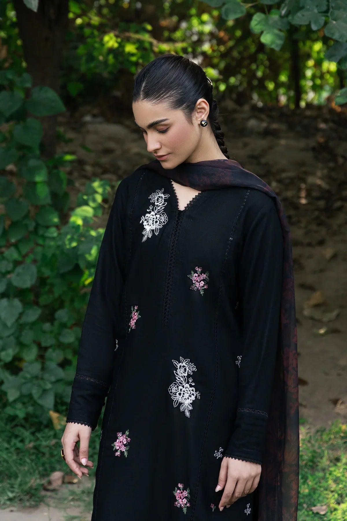 ZIVA - 3PC DHANAK EMBROIDERED SHIRT WITH TWILL PRINTED SHAWL & TROUSER-EP-5010