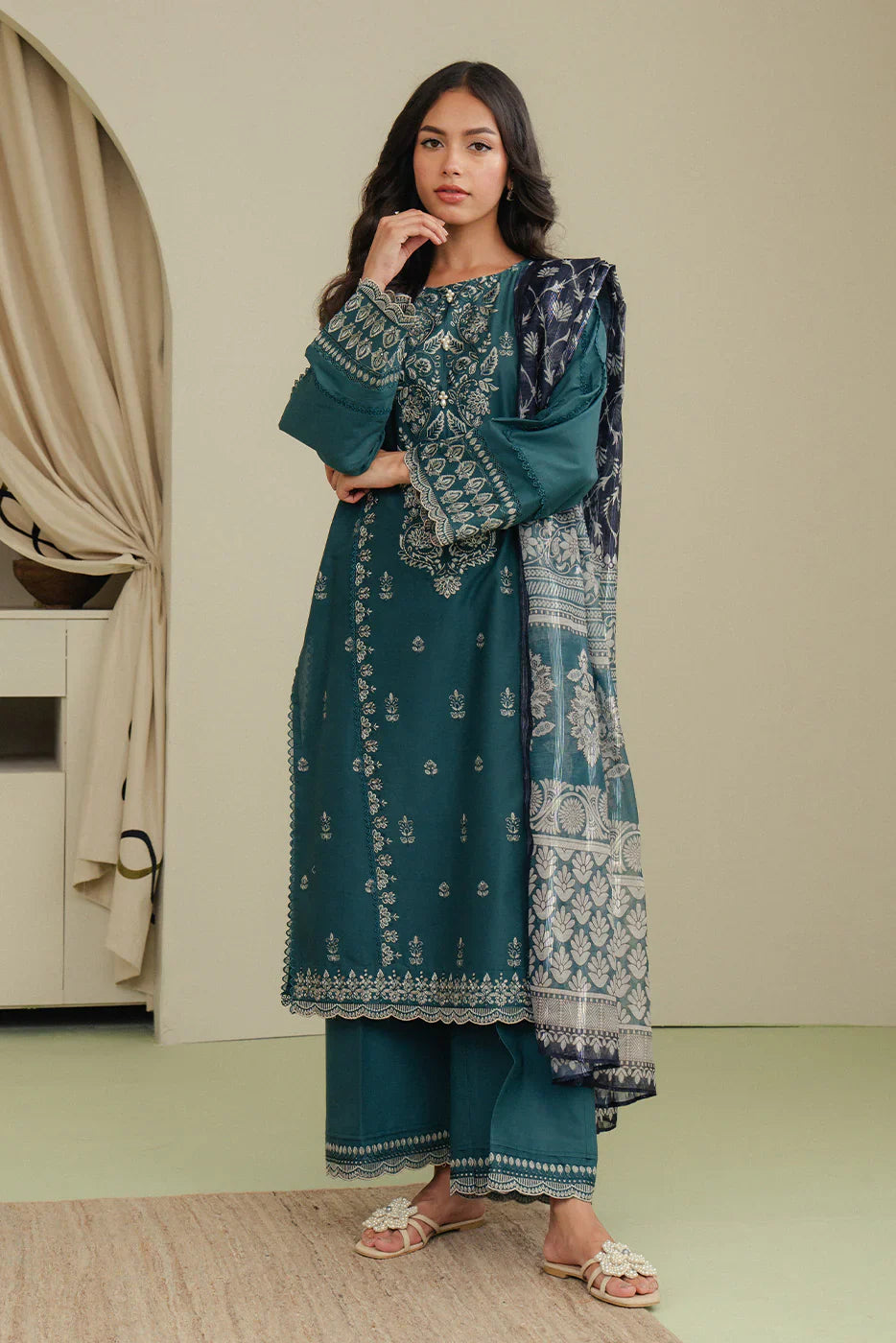 BEECHTREE-UNSTITCHED 3PC DHANAK EMBROIDERED SUIT-PK-5823