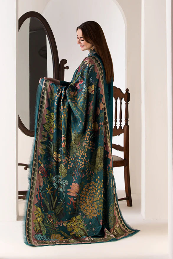 SOBIA NAZIR- 3PC DHANAK EMBROIDERED SHIRT WITH SOFT VOIL DIGITAL PRINTED SHAWL AND TROUSER-PK-3359