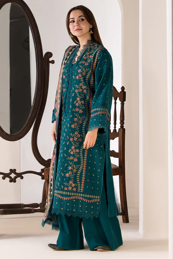 SOBIA NAZIR- 3PC DHANAK EMBROIDERED SHIRT WITH SOFT VOIL DIGITAL PRINTED SHAWL AND TROUSER-PK-3359