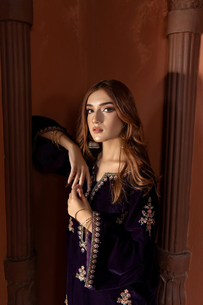 URGE - 2PC VELVET HEAVT EMBROIDERED SHIRT WITH VELEVT EMBROIDERED SLEEVES & VELVET TROUSER-PK-D22 MICROO 9000