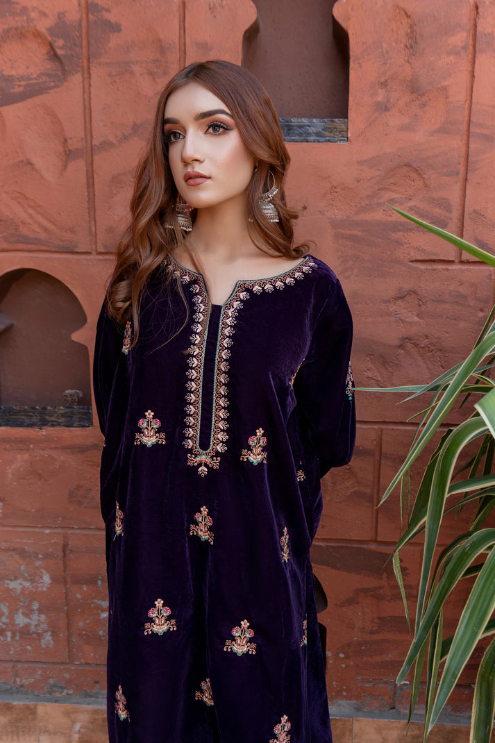 URGE - 2PC VELVET HEAVT EMBROIDERED SHIRT WITH VELEVT EMBROIDERED SLEEVES & VELVET TROUSER-PK-D22 MICROO 9000