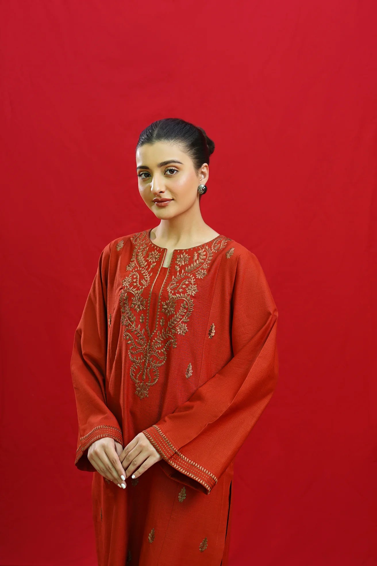 URGE-3PC DHANAK EMBROIDERED SHIRT WITH COUTURE PRINTED SHAWL & EMB TROUSER-EP-5471