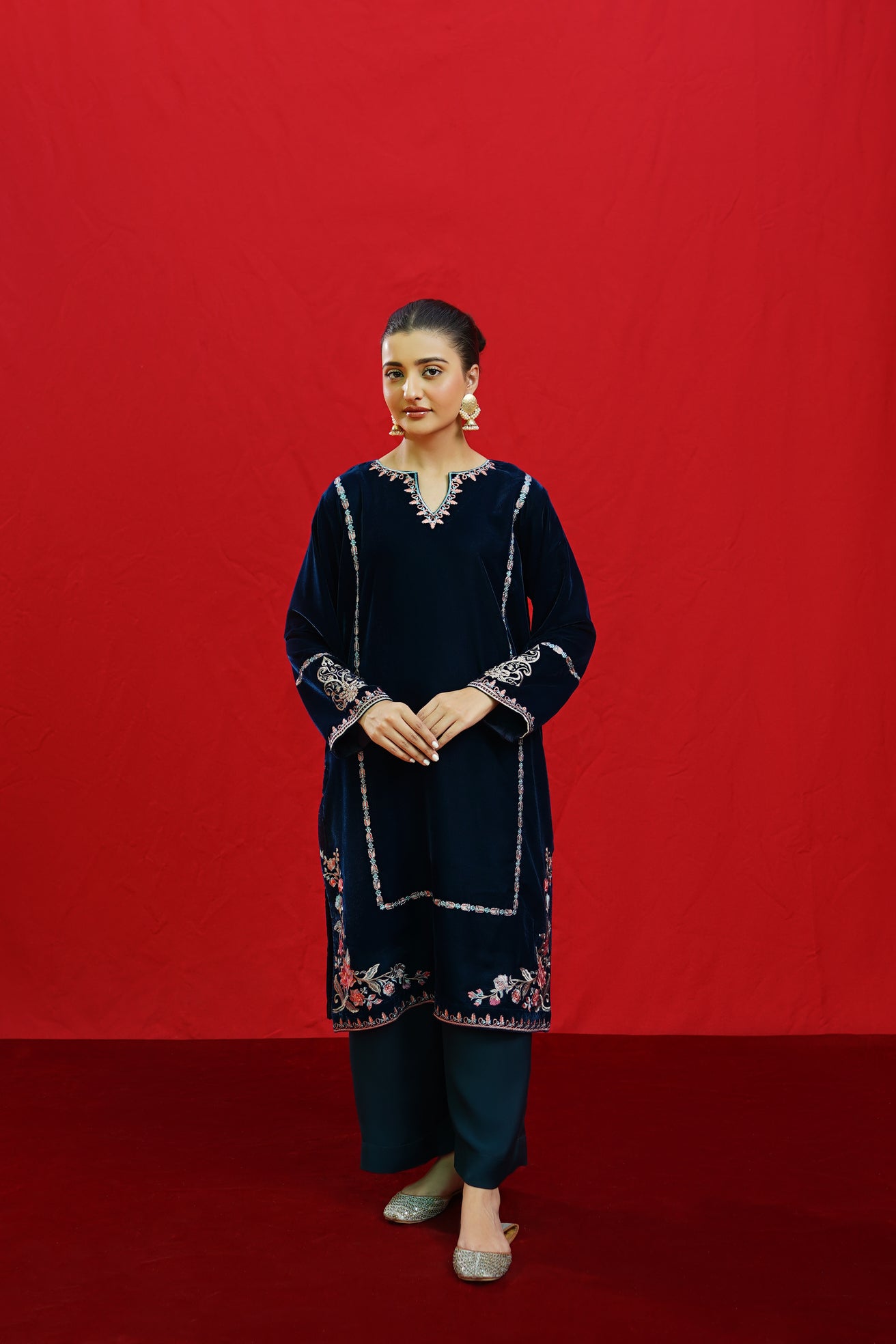 URGE -2PC Velvet Heavy Embroidered Shirt With Velvet Embroidered Sleeves-PK-D23