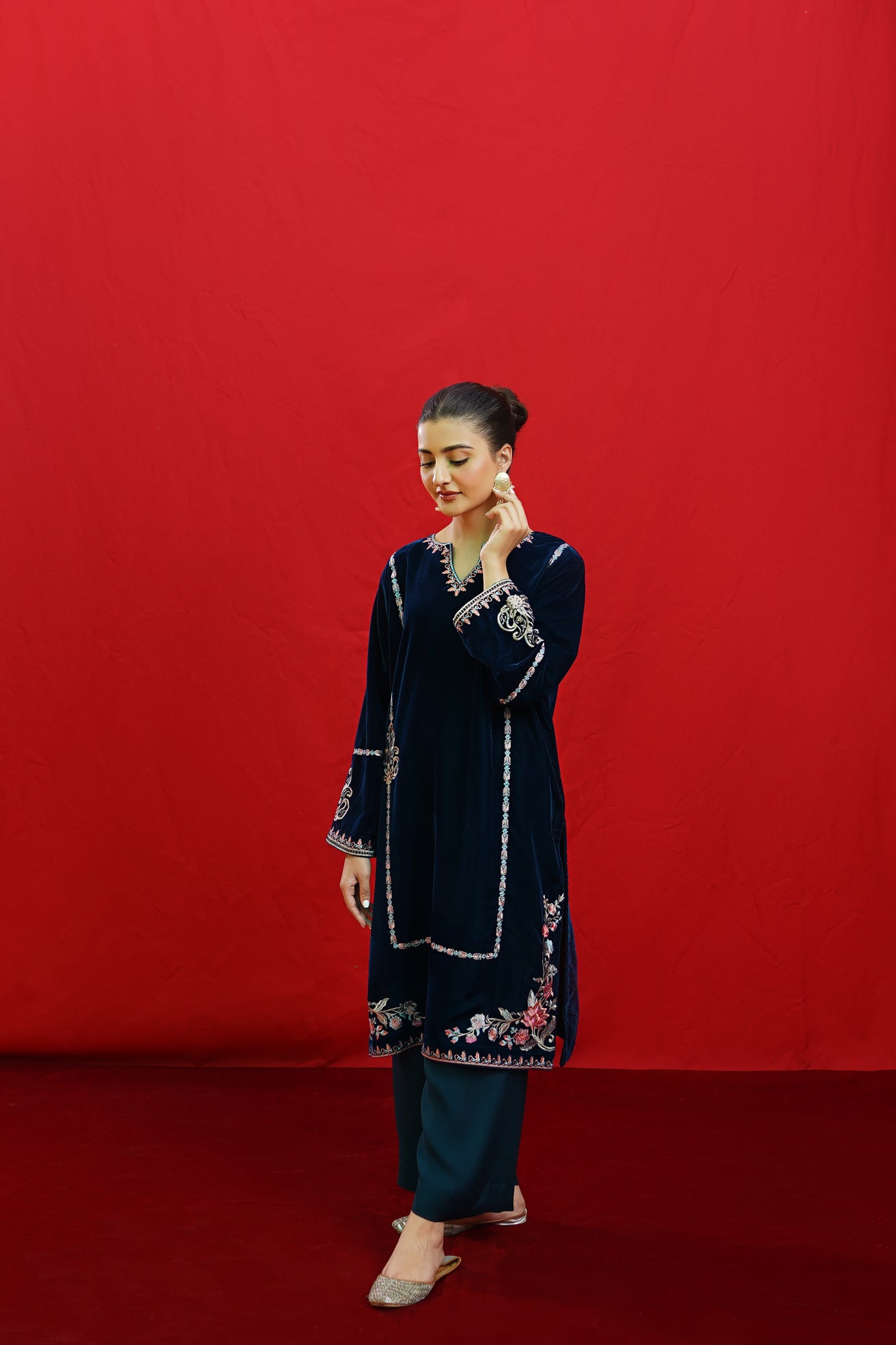 URGE -2PC Velvet Heavy Embroidered Shirt With Velvet Embroidered Sleeves-PK-D23