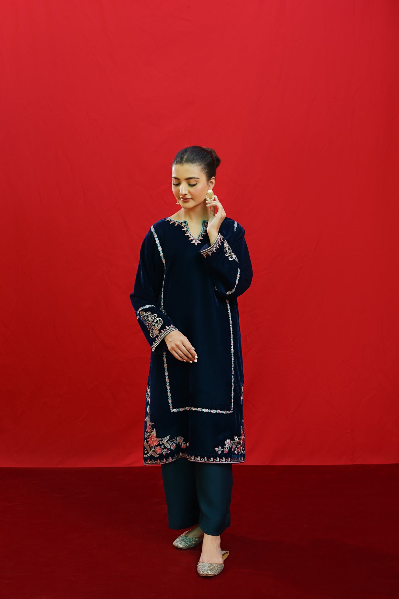 URGE -2PC Velvet Heavy Embroidered Shirt With Velvet Embroidered Sleeves-PK-D23