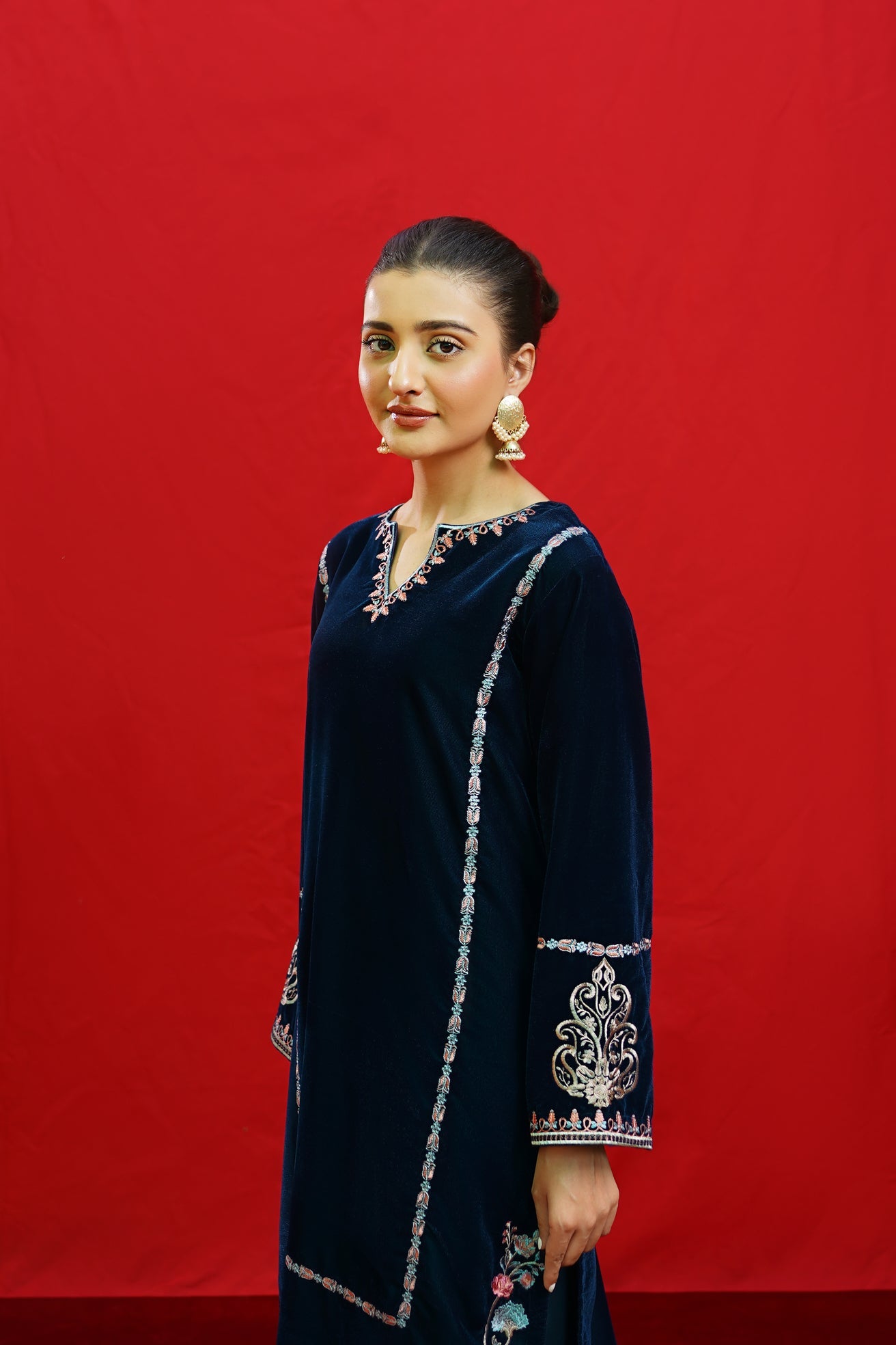URGE -2PC Velvet Heavy Embroidered Shirt With Velvet Embroidered Sleeves-PK-D23