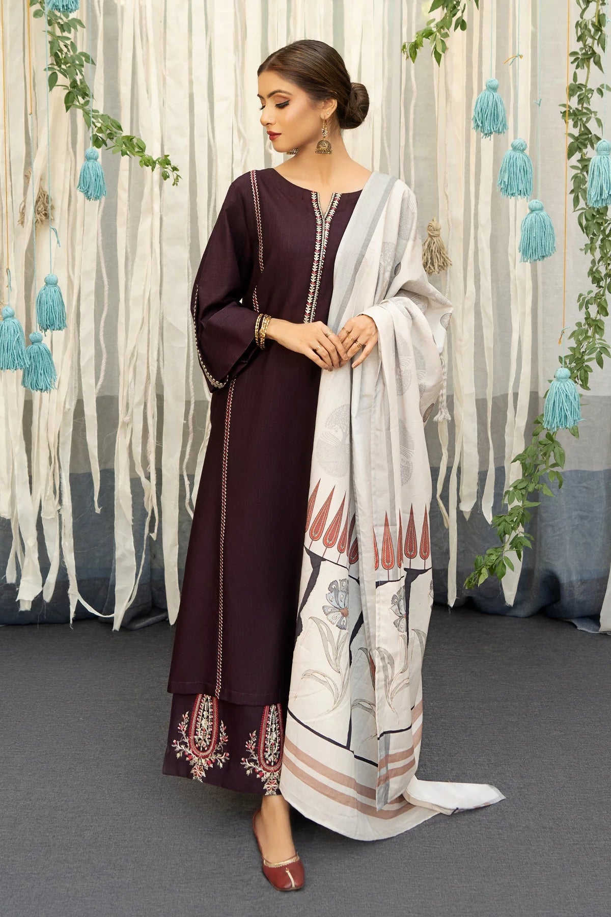 URGE - 3PC DHANAK EMBROIDERED SHIRT WITH PRINTED WOOL SHAWL AND TROUSER- EP-5018