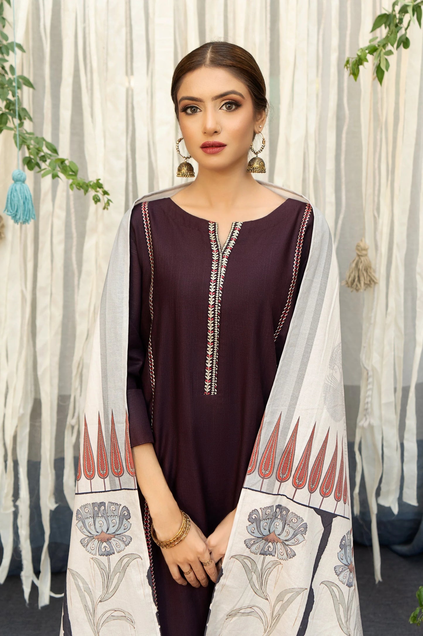 URGE - 3PC DHANAK EMBROIDERED SHIRT WITH PRINTED WOOL SHAWL AND TROUSER- EP-5018