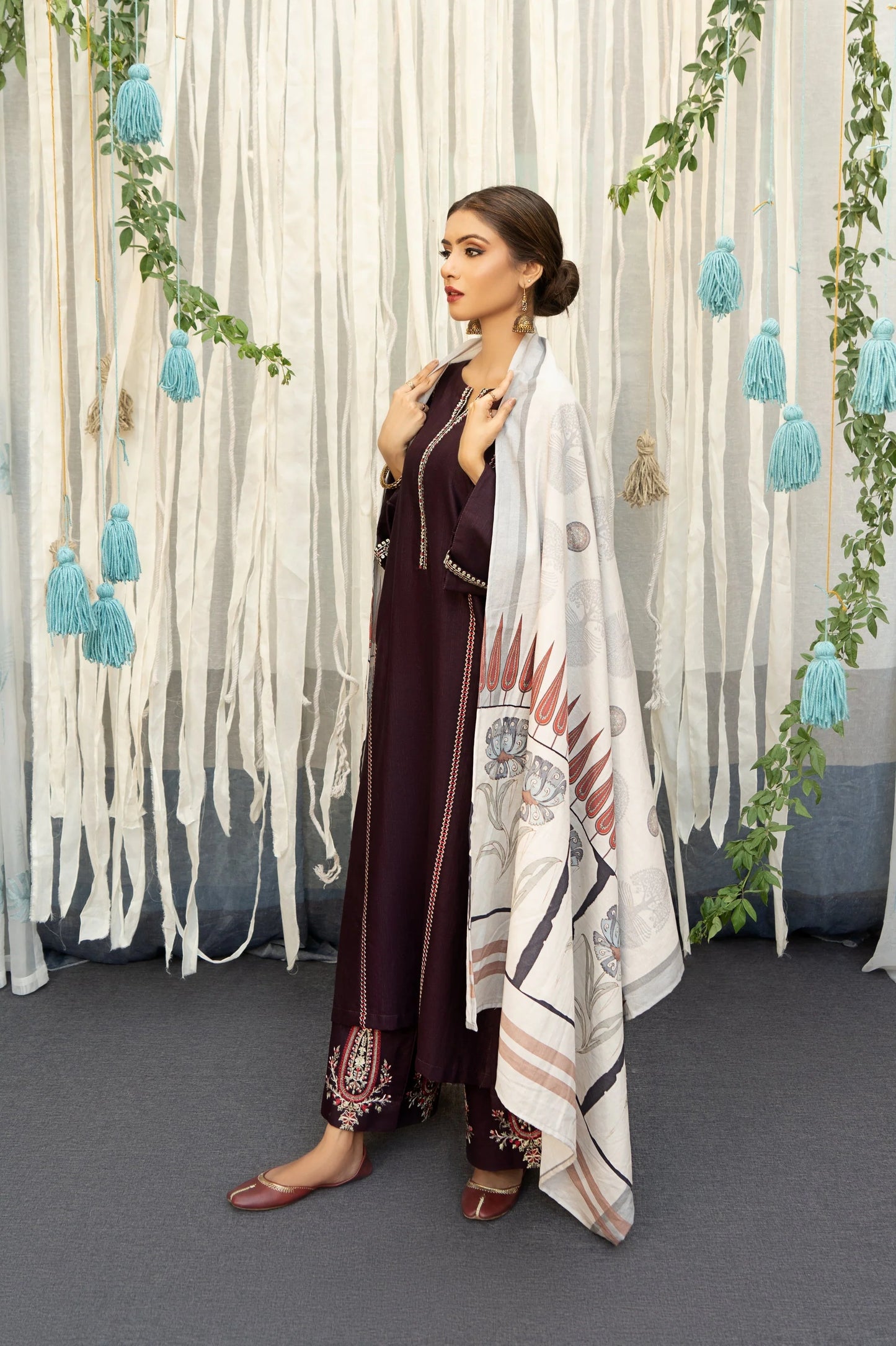 URGE - 3PC DHANAK EMBROIDERED SHIRT WITH PRINTED WOOL SHAWL AND TROUSER- EP-5018