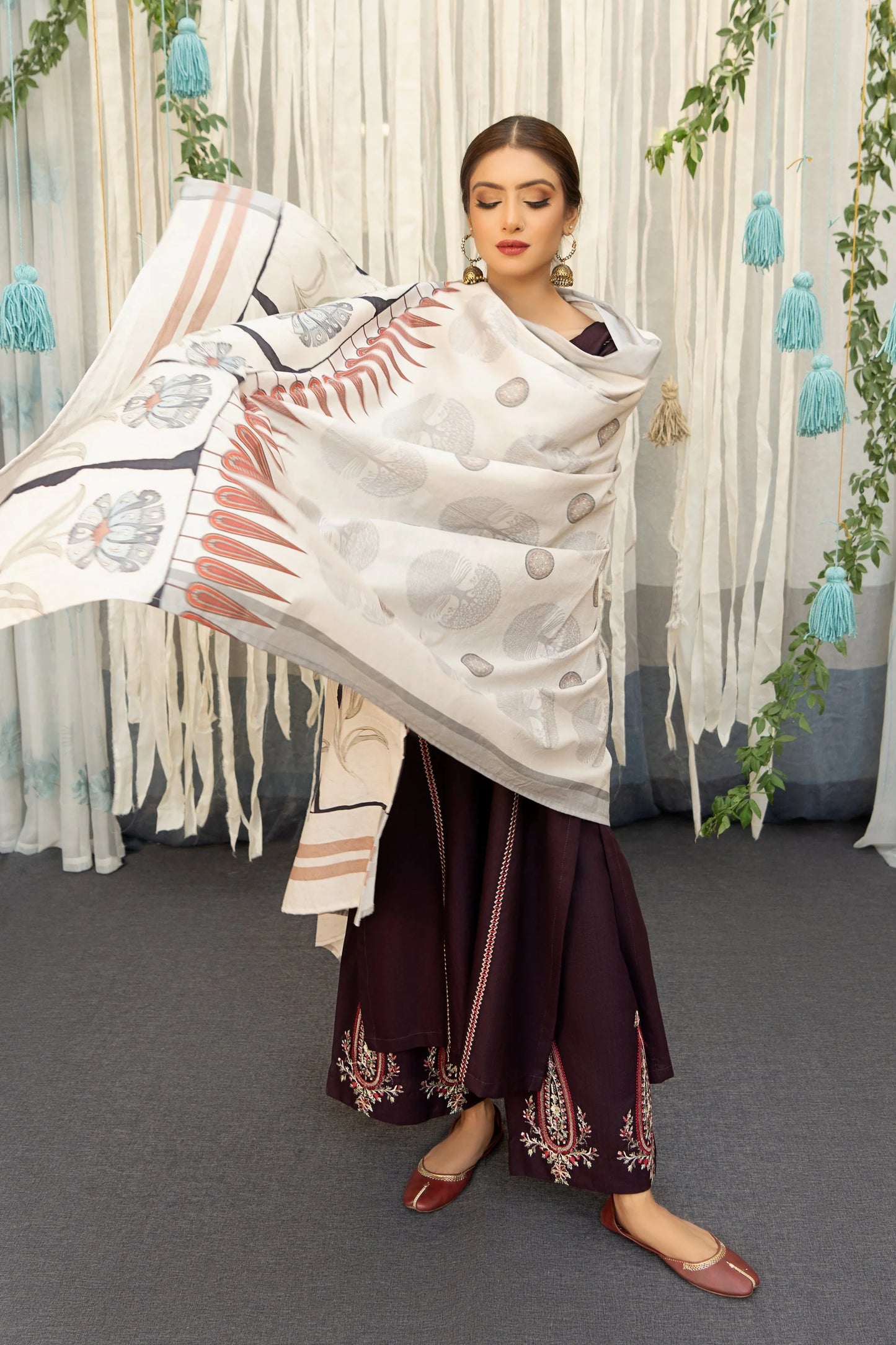 URGE - 3PC DHANAK EMBROIDERED SHIRT WITH PRINTED WOOL SHAWL AND TROUSER- EP-5018