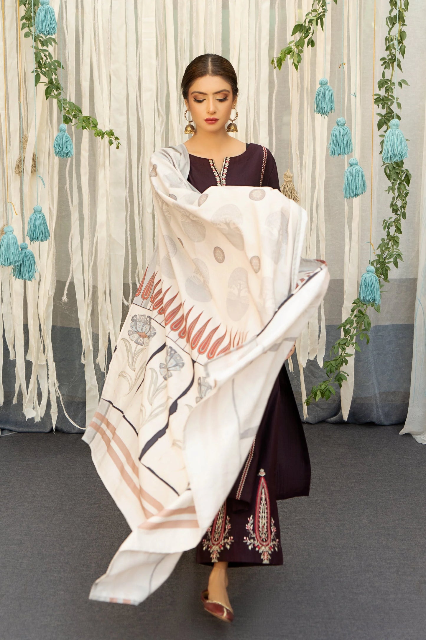 URGE - 3PC DHANAK EMBROIDERED SHIRT WITH PRINTED WOOL SHAWL AND TROUSER- EP-5018