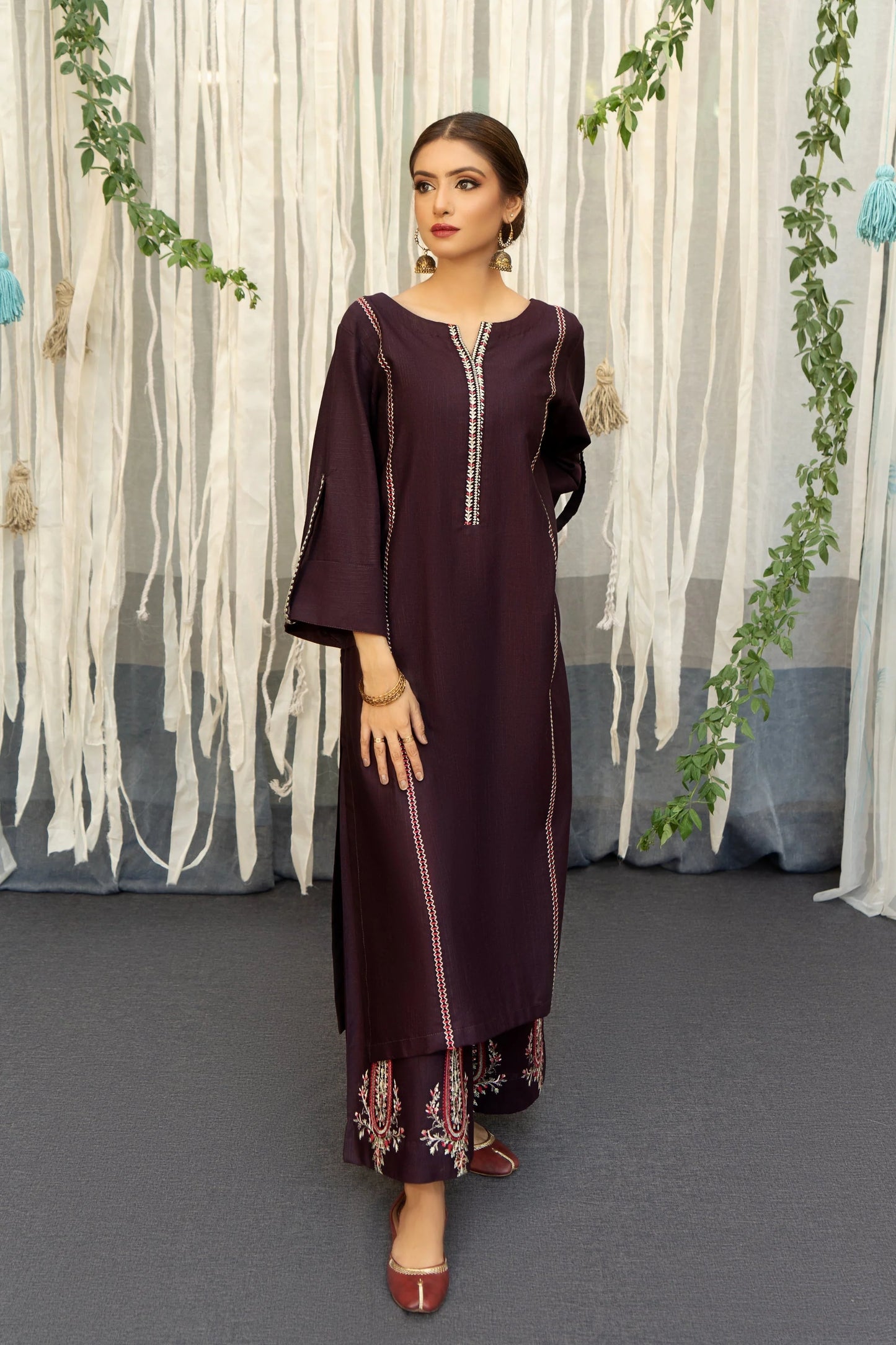 URGE - 3PC DHANAK EMBROIDERED SHIRT WITH PRINTED WOOL SHAWL AND TROUSER- EP-5018