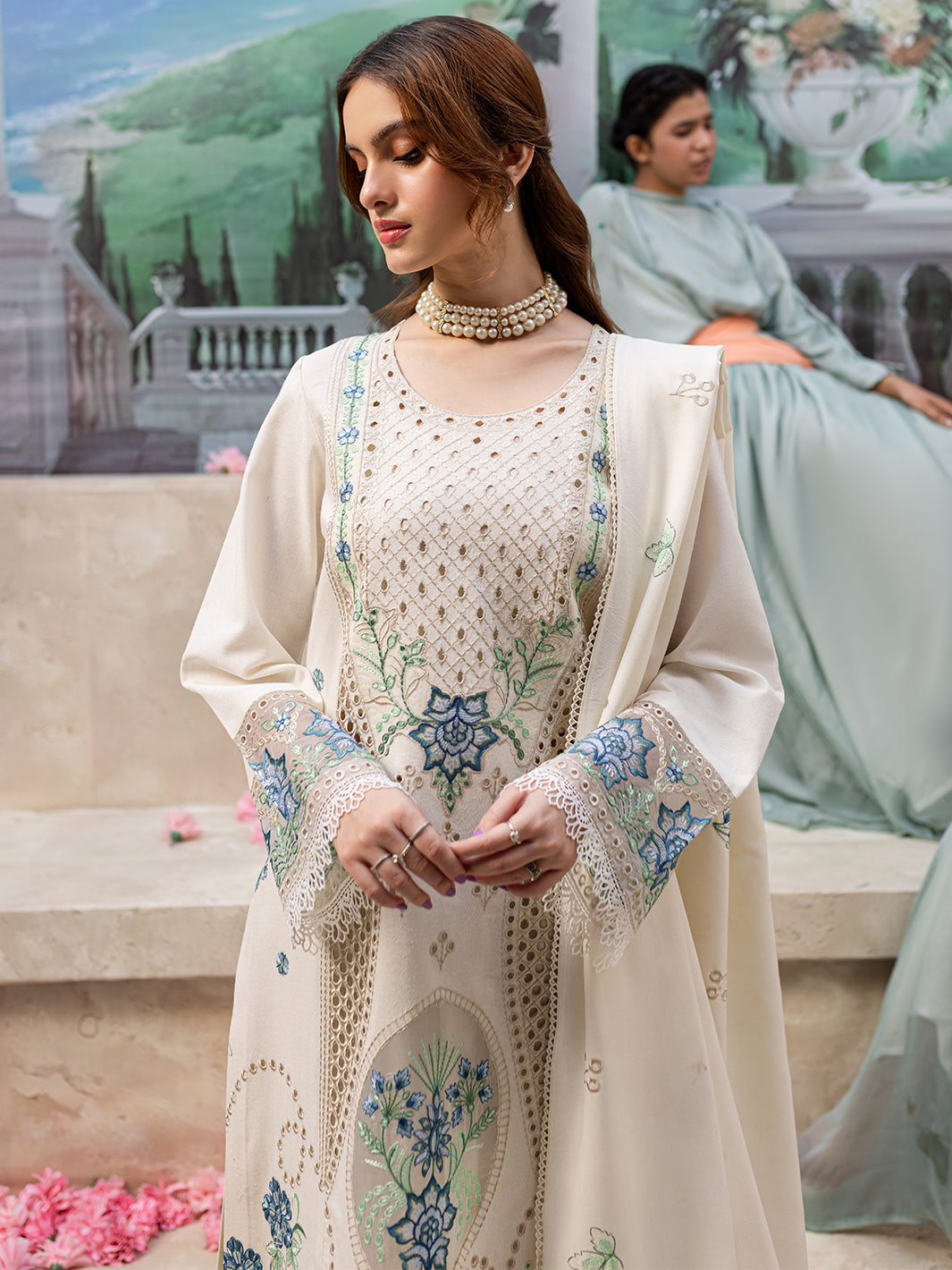 MAHNUR- UNSTITCHED 3PC DHANAK LASER WORK EMBROIDERED SUIT-PK-3650