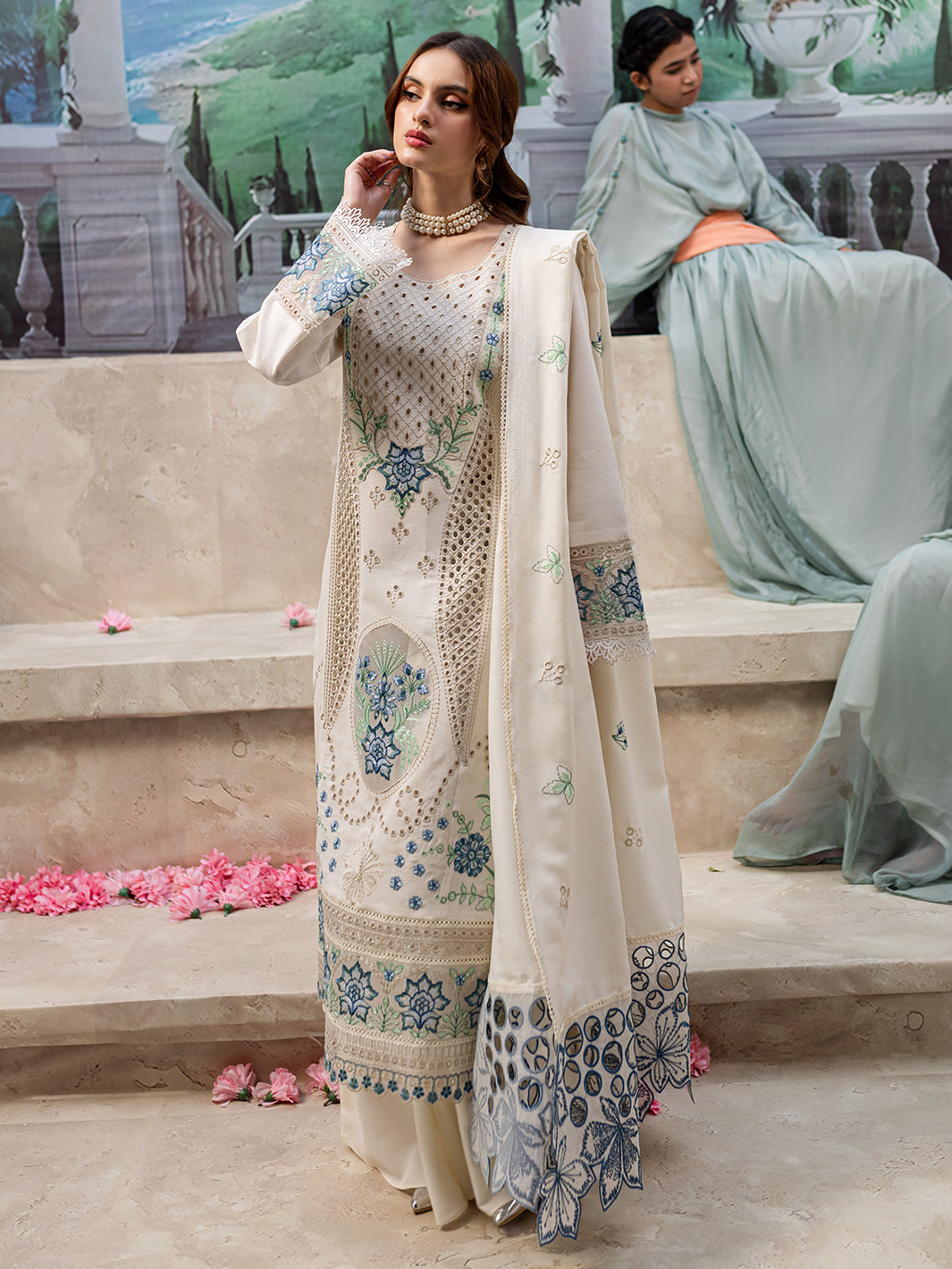 MAHNUR- UNSTITCHED 3PC DHANAK LASER WORK EMBROIDERED SUIT-PK-3650