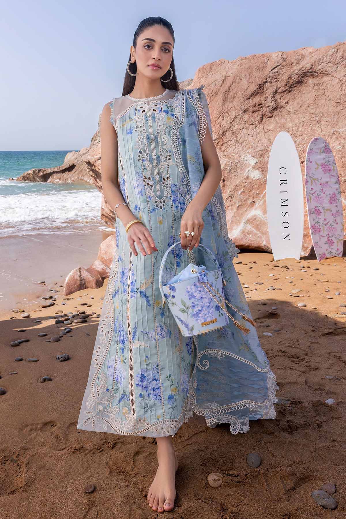 CRIMSON-UNSTITCHED 3PC LAWN PRINTED EMB SUIT-PK-026