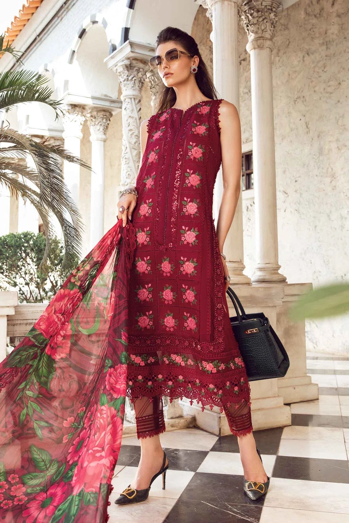 MARIA B- LAWN 3PC EMBROIDERED SHIRT WITH DIAMOND PRINT DUPATTA WITH TROUSER -EP- 5305