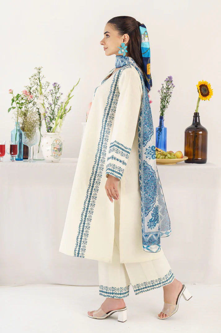 HANA- 3PC KHADAR EMBROIDERED SHIRT WITH COUTURE PRINT SHAWL AND TROUSER-EP-5333
