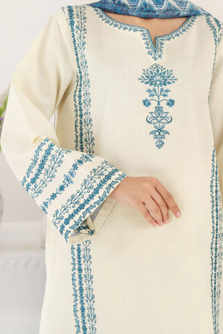 HANA- 3PC KHADAR EMBROIDERED SHIRT WITH COUTURE PRINT SHAWL AND TROUSER-EP-5333