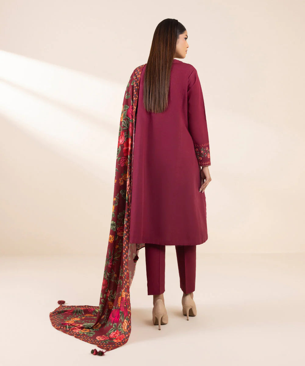 SAPPHIRE- 3PC DHANAK EMBROIDERED SHIRT WITH TWILL PRINT SHAWL & TROUSER-EP-5487