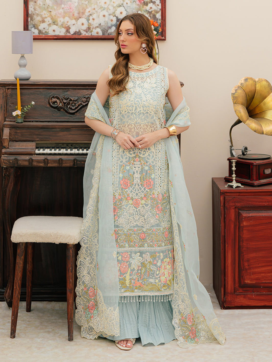 MAHNUR-UNSTITCHED 3PC LAWN CHIKANKAARI EMBROIDERED SUIT-PK-4749