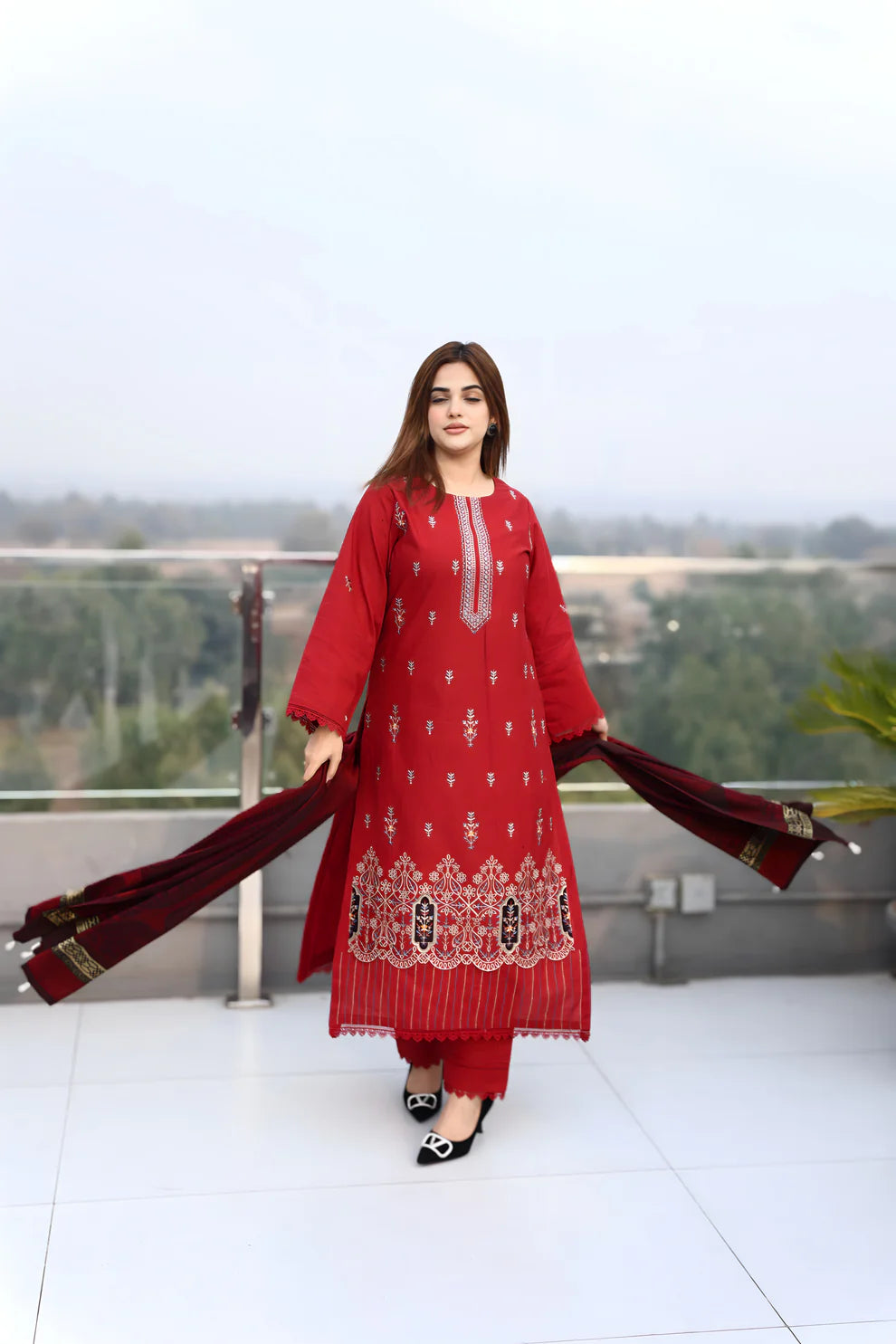 ELAAN-3PC KHADDAR CUTWORK EMBROIDERED SHIRT WITH KASHMIRI JACQUARD WOOL SHAWL-EP-5525