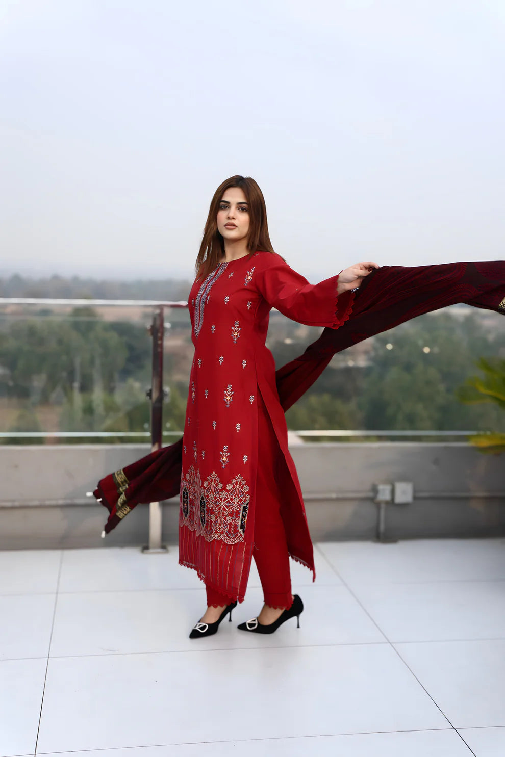 ELAAN-3PC KHADDAR CUTWORK EMBROIDERED SHIRT WITH KASHMIRI JACQUARD WOOL SHAWL-EP-5525