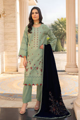 PULK-3PC KHADDAR EMBROIDERED SHIRT WITH VELVET EMBROIDERED READY TO WEAR SHAWL-PK-5530