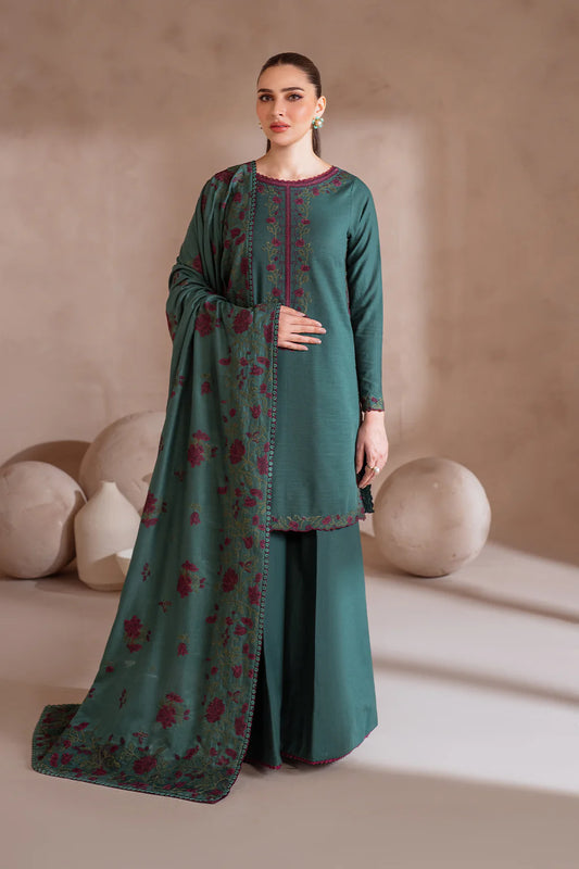 IZNIK-3PC DHANAK EMBROIDERED SHIRT WITH DHANAK EMBROIDERED SHAWL & TROUSER-EP-5502