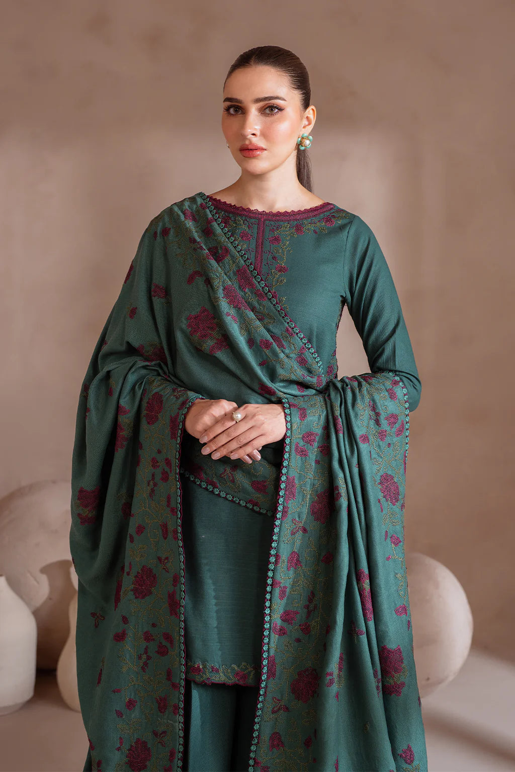 IZNIK-3PC DHANAK EMBROIDERED SHIRT WITH DHANAK EMBROIDERED SHAWL & TROUSER-EP-5502