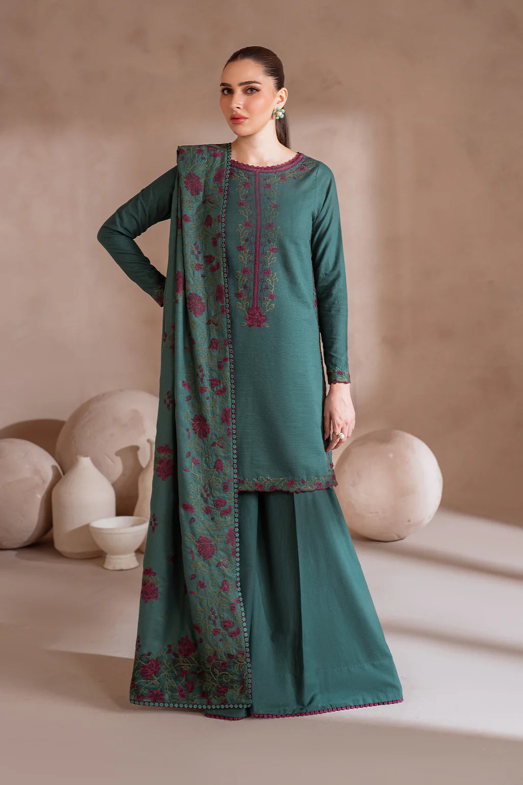 IZNIK-3PC DHANAK EMBROIDERED SHIRT WITH DHANAK EMBROIDERED SHAWL & TROUSER-EP-5502
