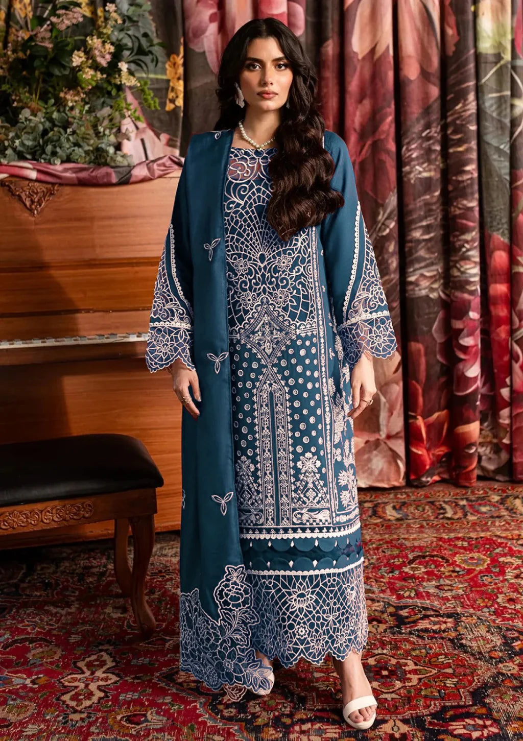 QALAMQAR-3PC CHIKANKAARI LAWN LASER WORK EMBROIDERED SUIT-PK-4712