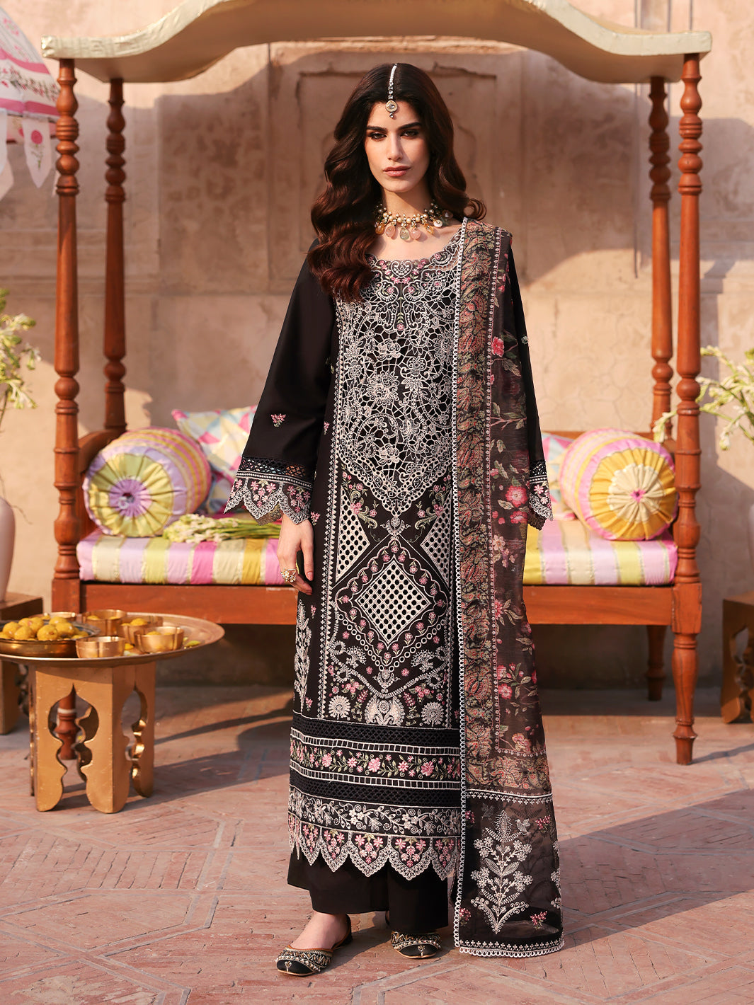 MAHNUR-UNSTITCHED 3PC LAWN LASER WORK EMBROIDERED SUIT-PK-4772