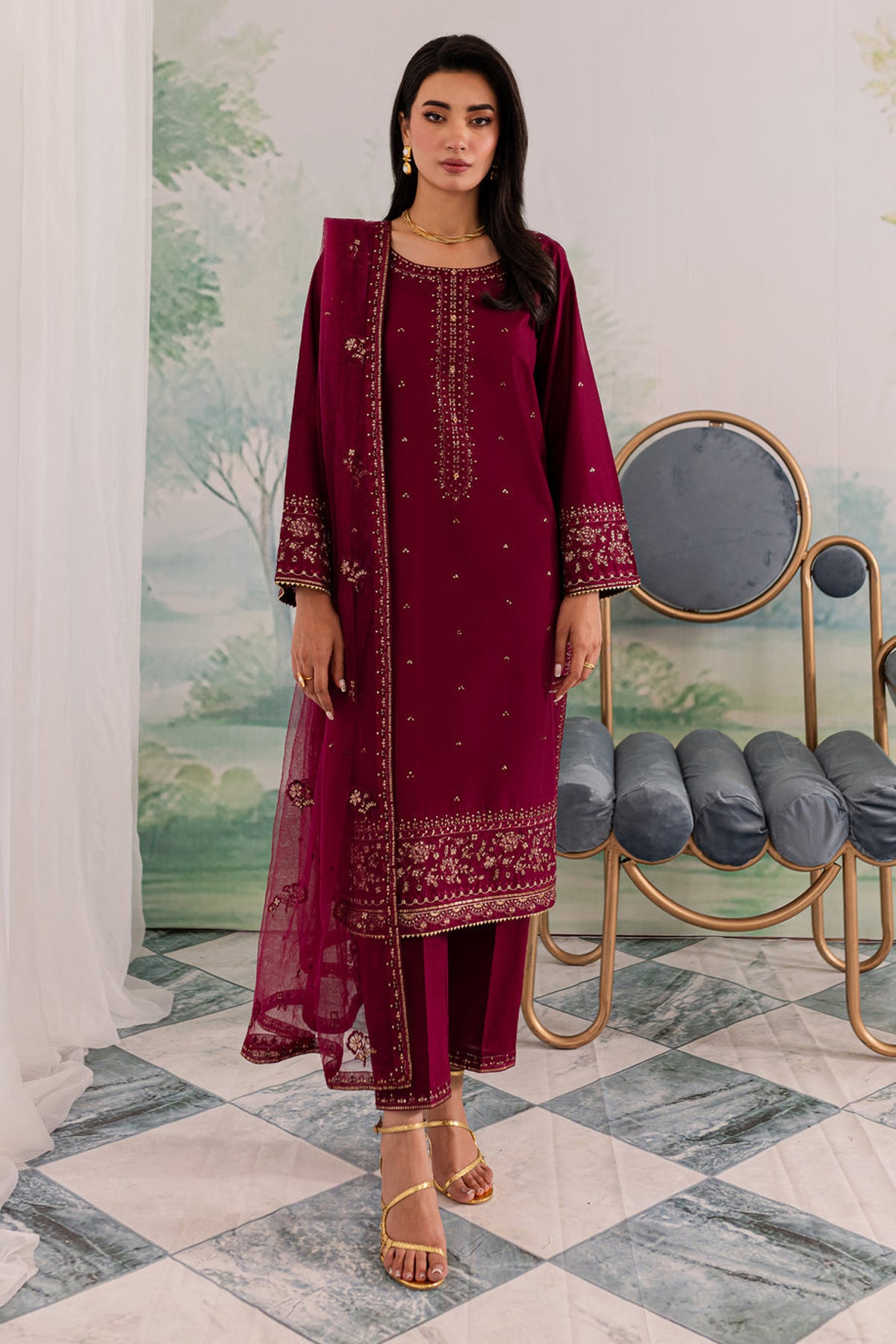 JAZMIN-UNSTITCHED 3PC DHANAK EMBROIDERED SUIT-PK-5792
