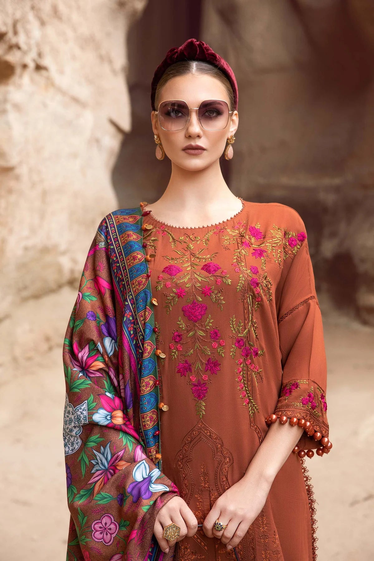 MARIA-B - 3PC DHANAK EMBROIDERED SHIRT WITH WOOL PRINT SHAWL SHAWL AND TROUSER-BIC- EP-5029