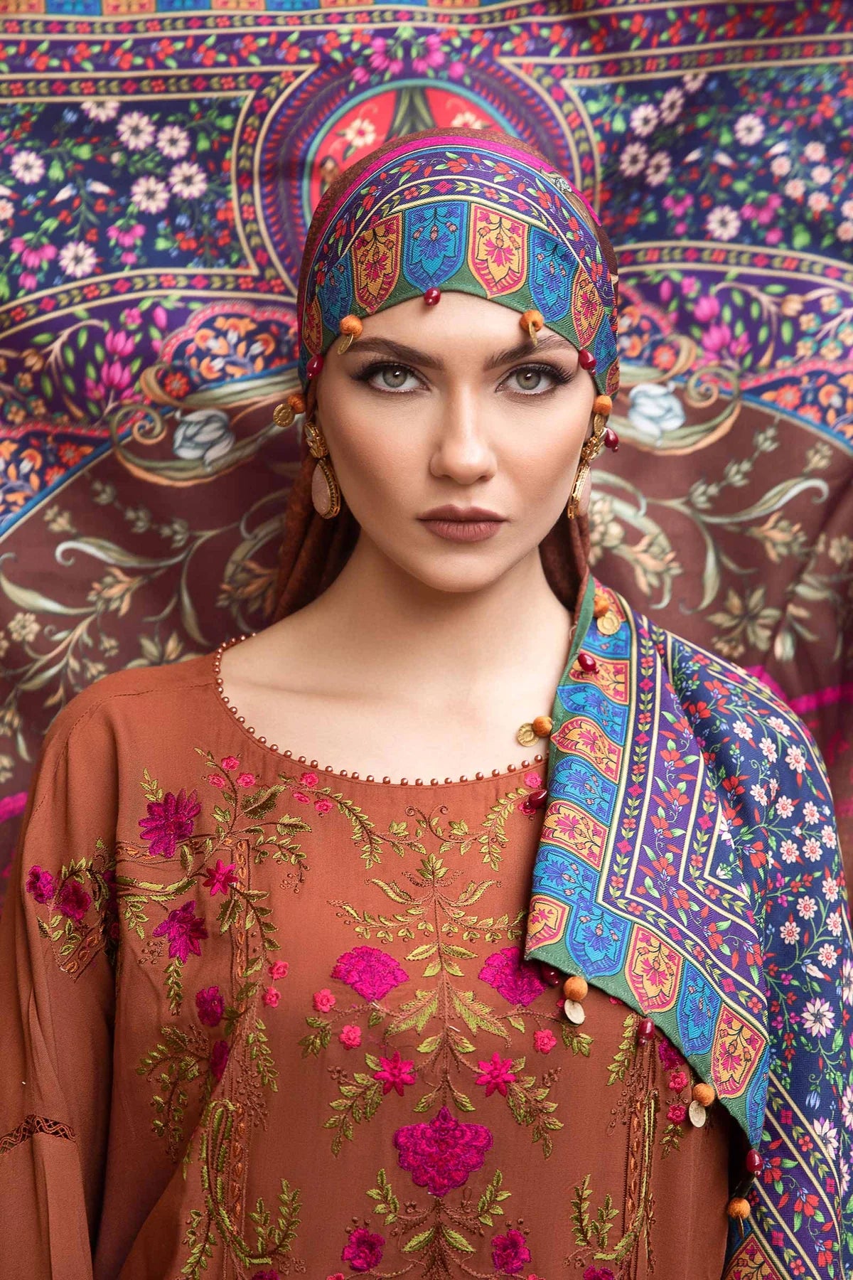 MARIA-B - 3PC DHANAK EMBROIDERED SHIRT WITH WOOL PRINT SHAWL SHAWL AND TROUSER-BIC- EP-5029