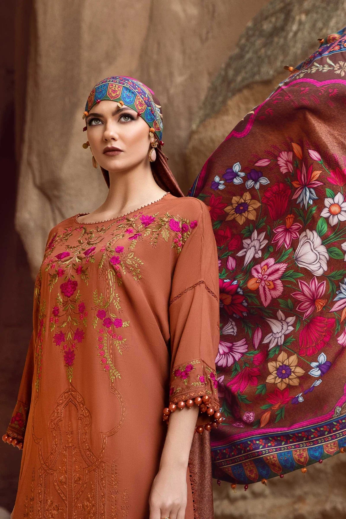 MARIA-B - 3PC DHANAK EMBROIDERED SHIRT WITH WOOL PRINT SHAWL SHAWL AND TROUSER-BIC- EP-5029