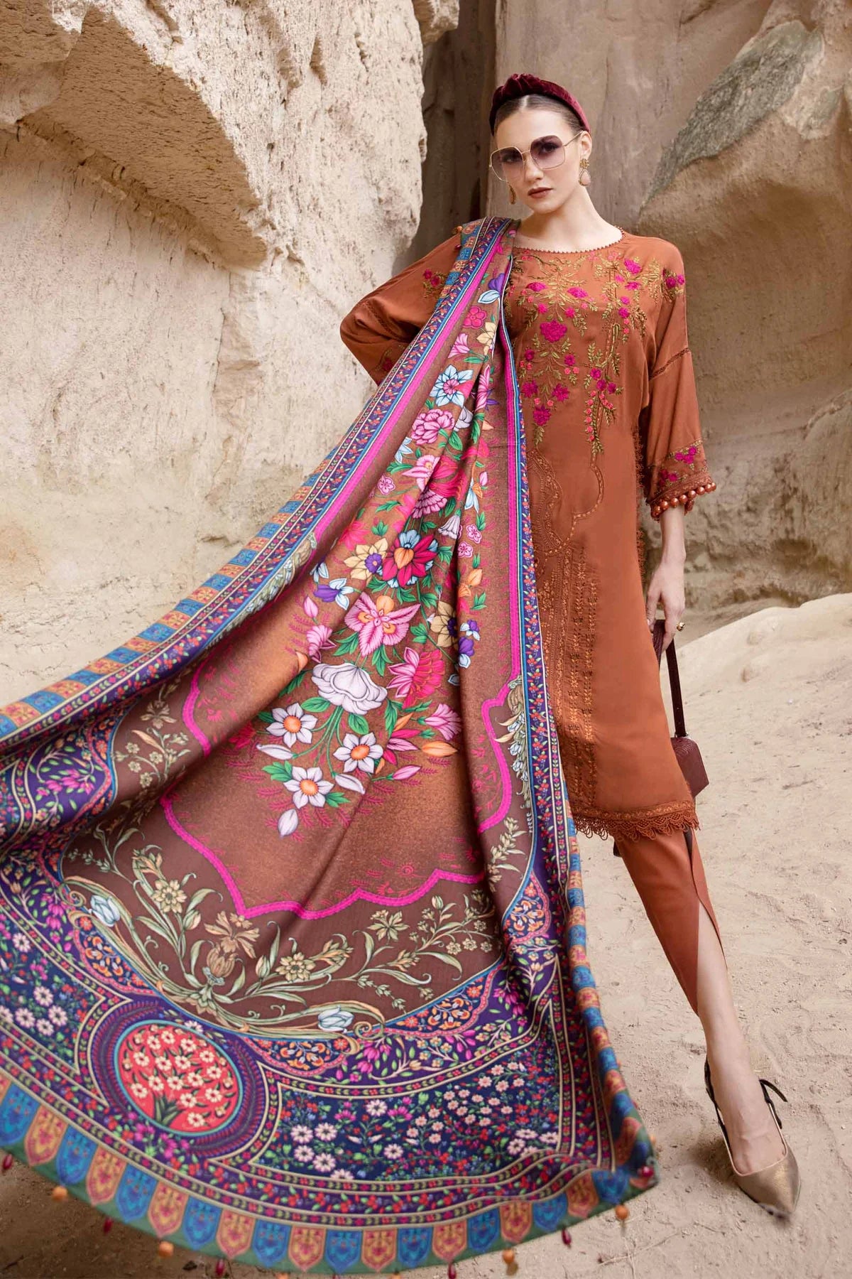 MARIA-B - 3PC DHANAK EMBROIDERED SHIRT WITH WOOL PRINT SHAWL SHAWL AND TROUSER-BIC- EP-5029