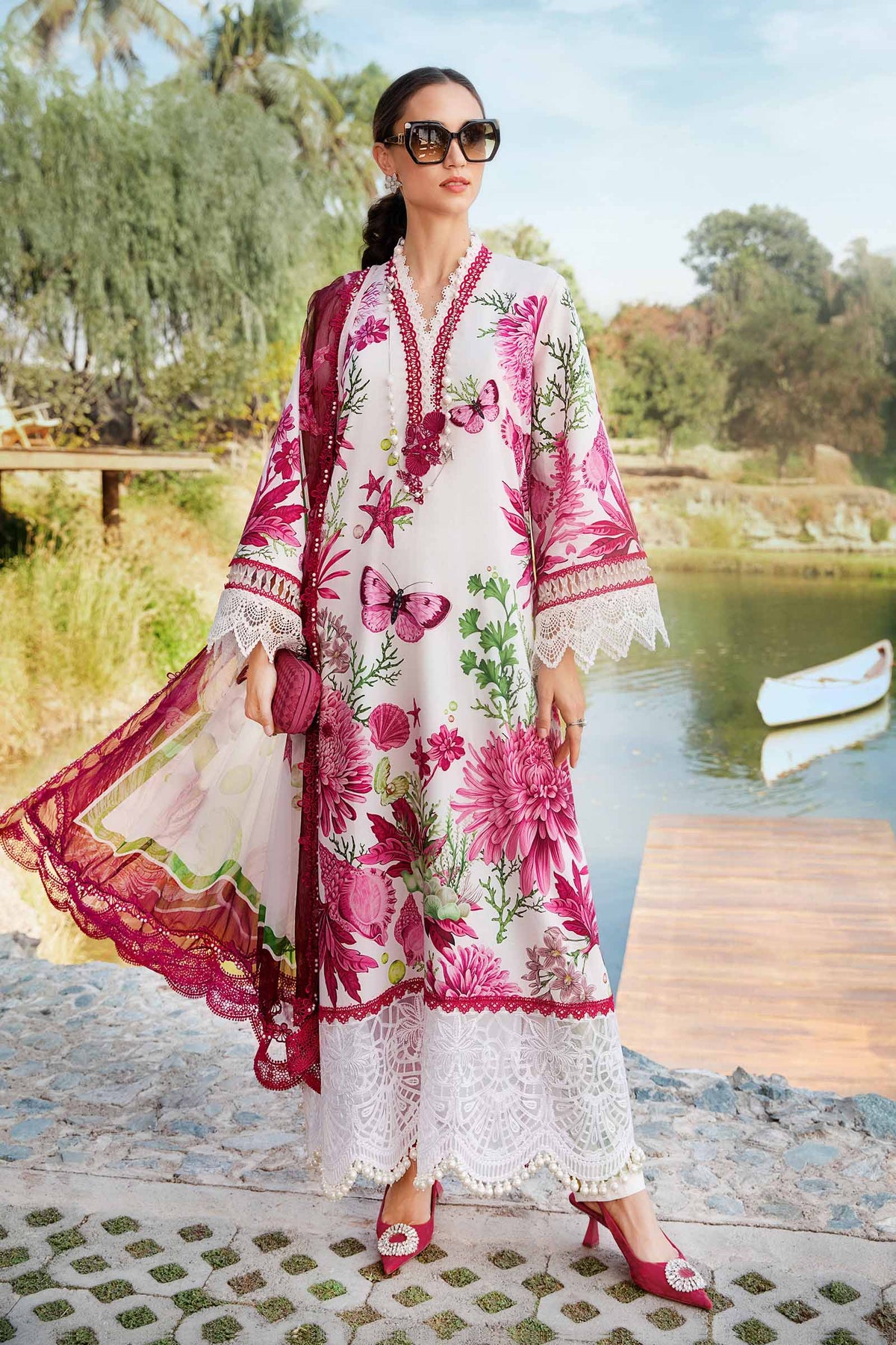 MARIA.B-3PC LAWN EMBROIDERED PRINTED SHIRT WITH CHIFFON PRINT DUPATTA AND PRINT TROUSER-PK-5654