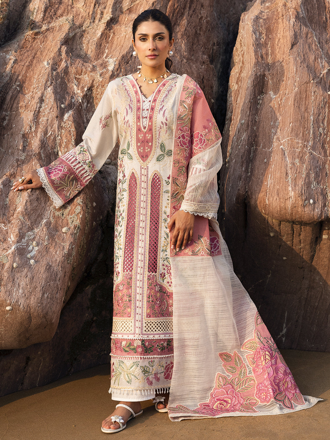 MAHNUR-UNSTITCHED 3PC LAWN CHIKAN HEAVY EMBROIDERED SUIT-PK-4734