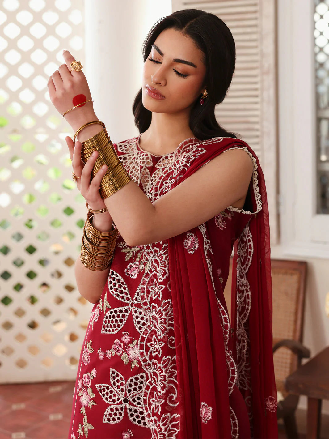 MAHNUR-3PC LAWN EMBROIDERED SHIRT WITH MONARK EMBROIDERED DUPATTA AND TROUSER-PK-5627