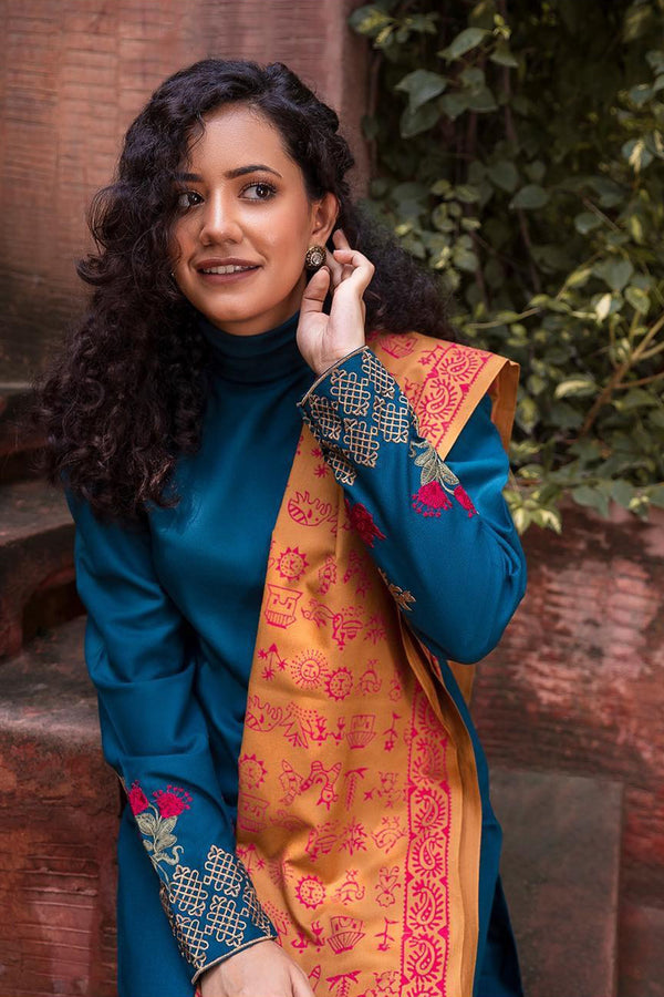 MARIA B - 3PC DHANAK SHIRT WITH WOOL PRINTED SHAWL & EMBROIDERED TROUSER_EP_5356