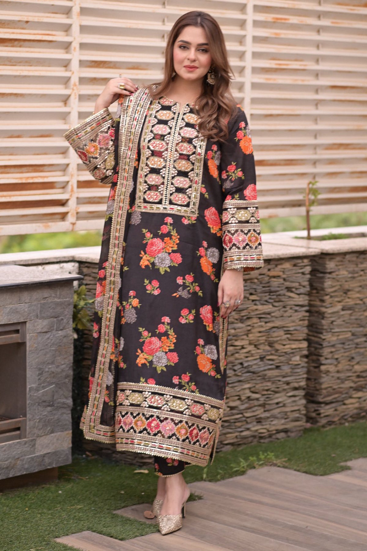 ANEELAS-UNSTITCHED 3PC SHAMOZE SILK PRINTED EMBROIDERED SUIT-PK-1705