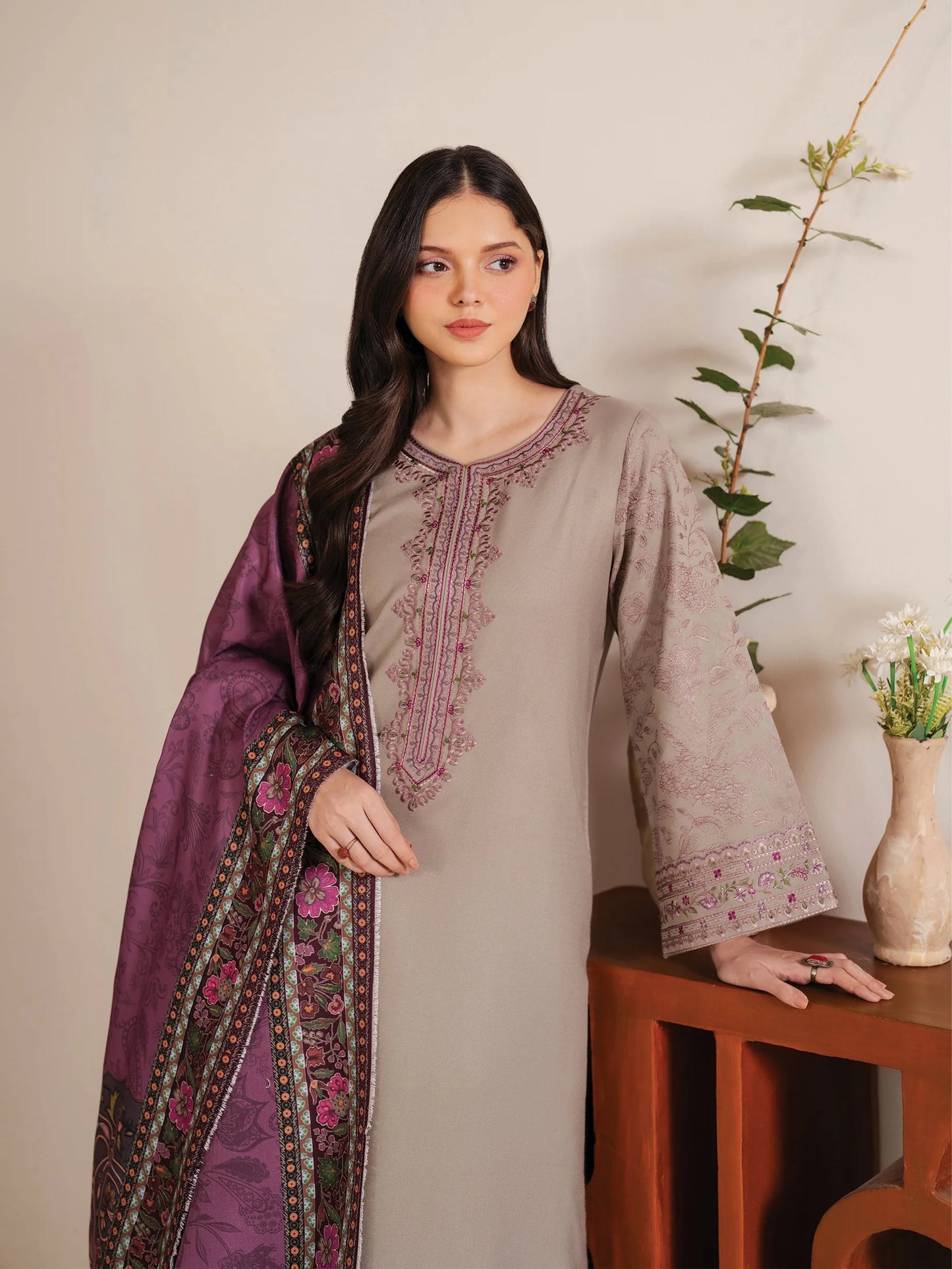 GARNET-3PC LAWN EMBROIDERED SHIRT WITH MONARK PRINT DUPATTA AND TROUSER-PK-5554