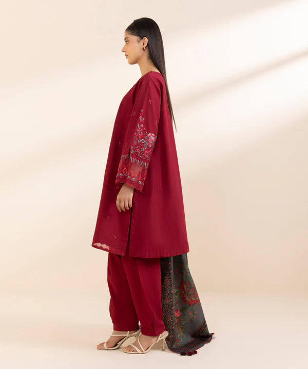 SAPPHIRE-3PC DHANAK EMBROIDERED SHIRT WITH PASHMINA PRINT SHAWL & TROUSER-EP-5315