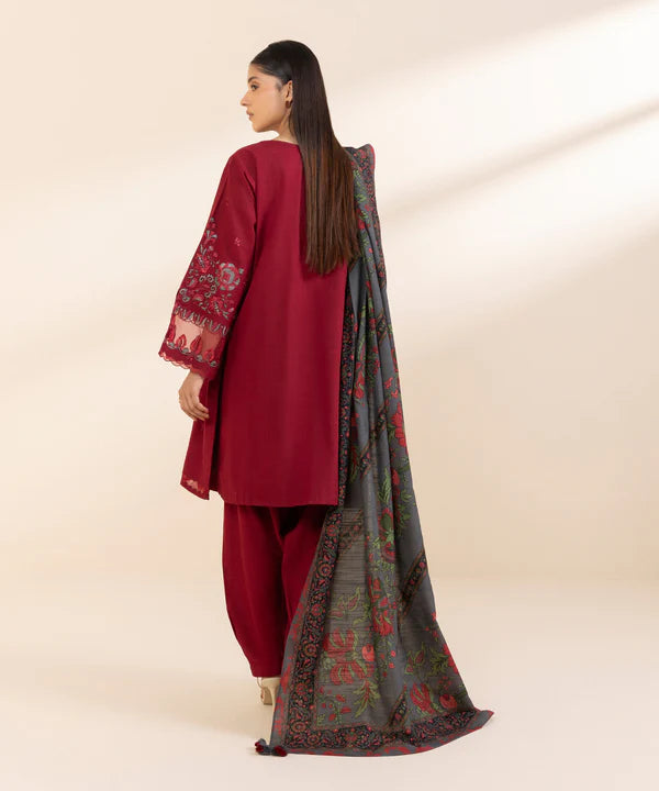 SAPPHIRE-3PC DHANAK EMBROIDERED SHIRT WITH PASHMINA PRINT SHAWL & TROUSER-EP-5315