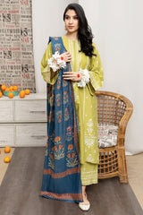 URGE-3PC DHANAK EMBROIDERED SHIRT WITH COURTRAI PRINTED SHAWL AND EMB TROUSER-EP-5191