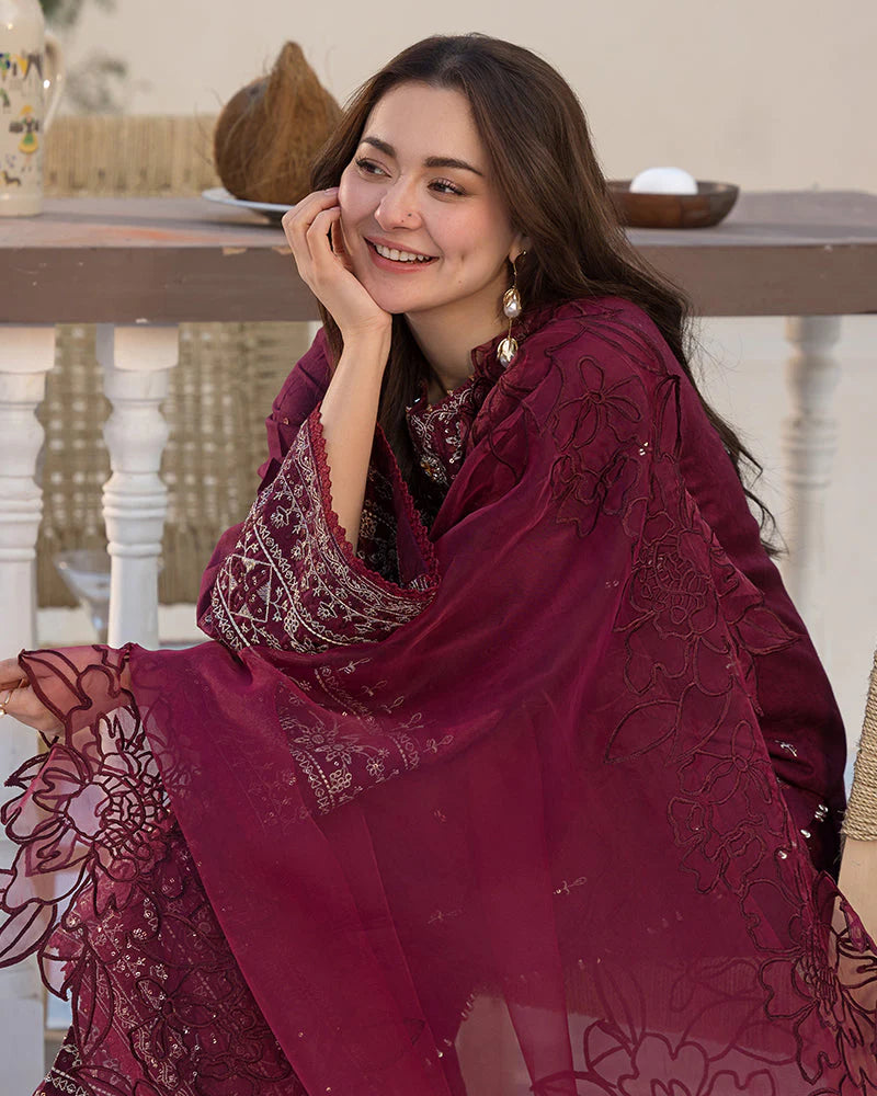 QALAMQAR-3PC DHANAK EMBROIDERED SHIRT WITH ORGANZA EMBROIDERED DUPATTA AND EMB TROUSER-PK-5663