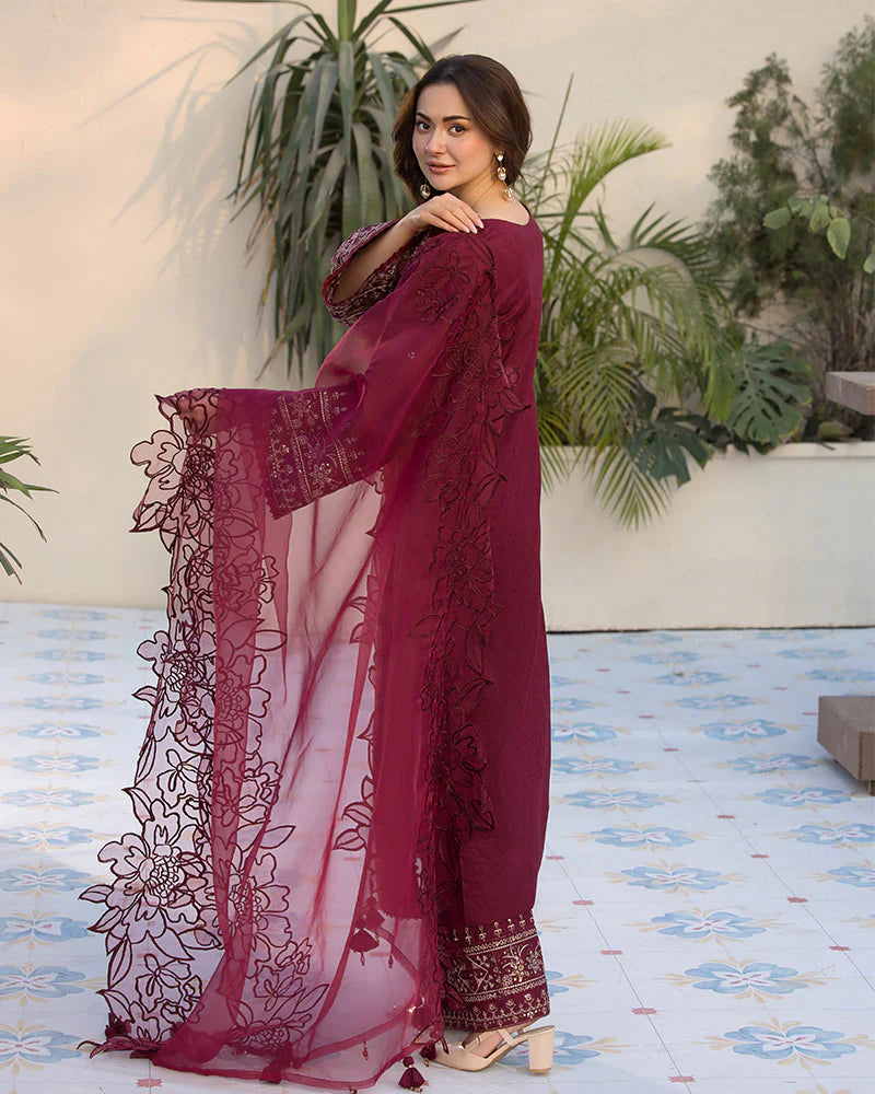 QALAMQAR-3PC DHANAK EMBROIDERED SHIRT WITH ORGANZA EMBROIDERED DUPATTA AND EMB TROUSER-PK-5663